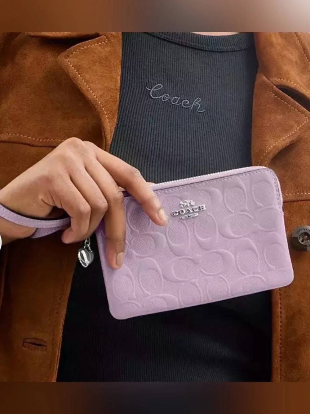 Coach corner zip Wristlet wallet with heart Charm